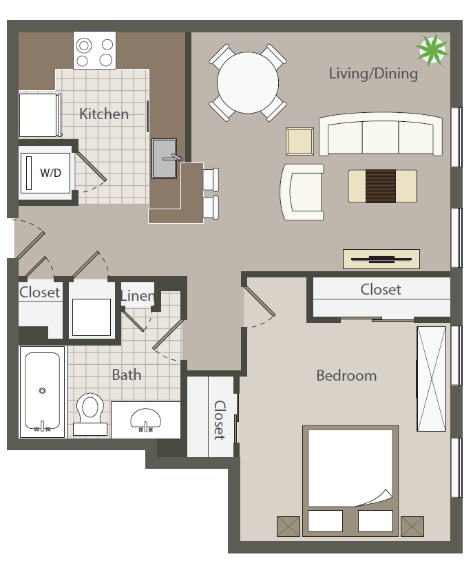 Floor plan for 1 bed, 1 bath, 596 sqft